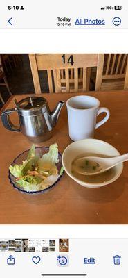 Miso Soup, Dalad with dressing and Hot Green Tea.