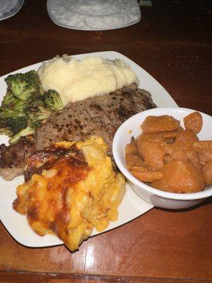 New York Strip with Macaroni , mashed potatoes, broccoli and. Yams