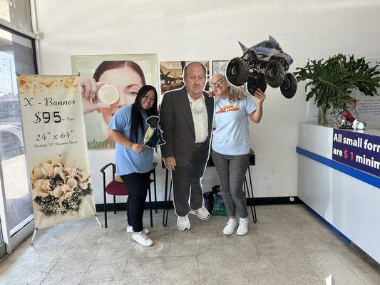 Sokha and Gloria let me take this photo of them with cut-out Ernie, the owner, between them!