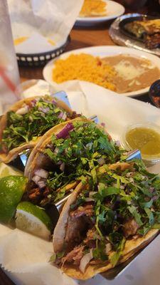 Steak and Pork Tacos with Refried Beans and Rice!