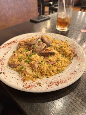 Jambalaya with quail, shrimp, and sausage
