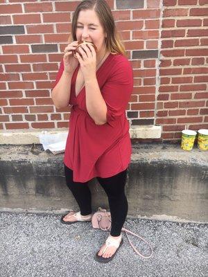 Yum! Pretzel bun burger with pepper jack cheese, cream cheese, and jalapeños!