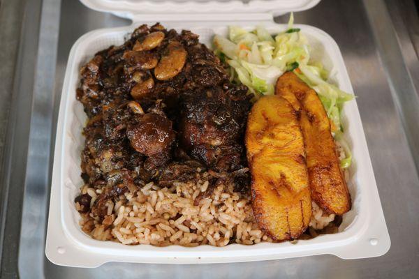 Oxtail Plate - Oxtails, rice and peas, cabbage, plantains
