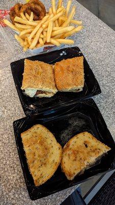Spicy Crispy Chicken Sandwich, Patty Melt, French Fries, and Onion Rings