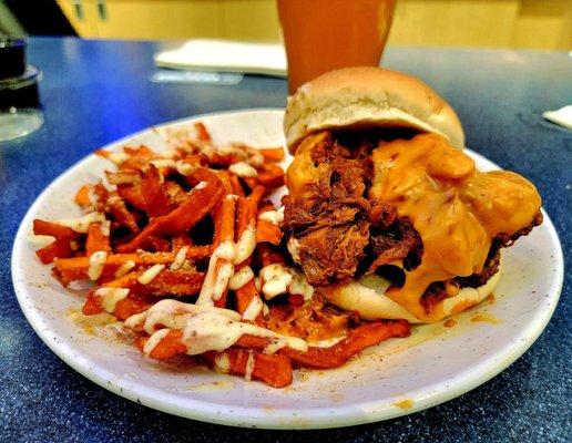 Brisket Topped Double Burger with sweet fries