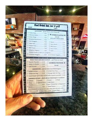 Menu/Order cards @ The Red Brick Inn 500 W Main Street, Kirkland, IL Bar & Grill. Cool!