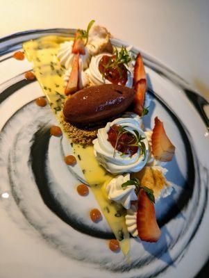 Dessert. Strawberry Rhubarb Pavlova with Basil. Lemon curd, sorbet, angel food.