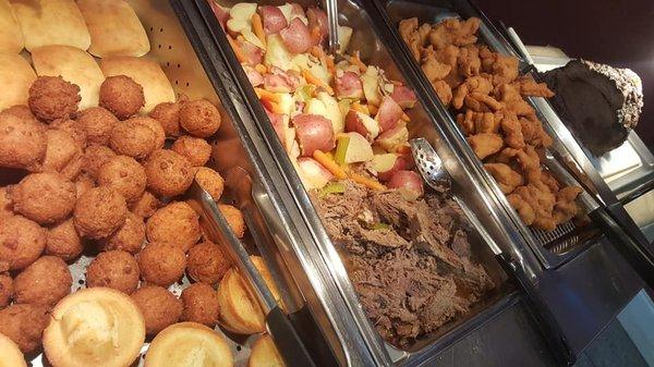 Beef Pot Roast with Potatoes and Carrots, Fried Catfish, Homemade Hushpuppies, and Roast Beef sliced to order!