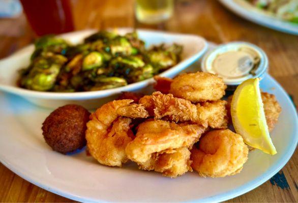 Fried Shrimp and Honey Glazed Brussels Sprouts
