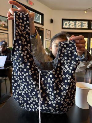 My completed project from Erin's How to Sew a Japanese Knot Bag Class