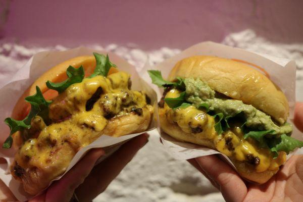 double cheeseburger on the left and avocado single burger on the right