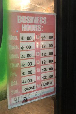 Business hours as of 12/9/2019