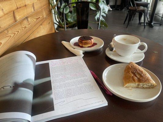 Chicken Pierogi, farmer's cheese, London fog, and some reading material.