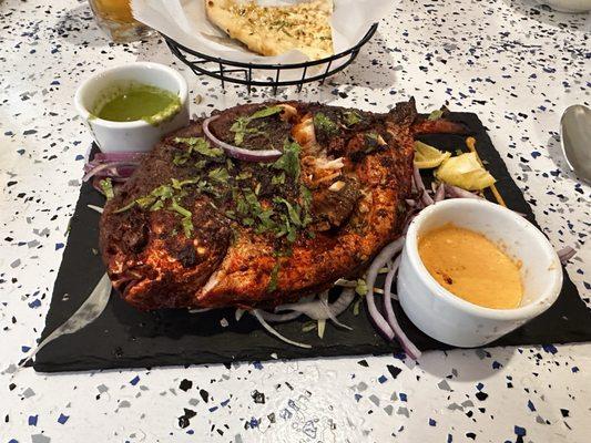 Garlic naan fish and saffron rice