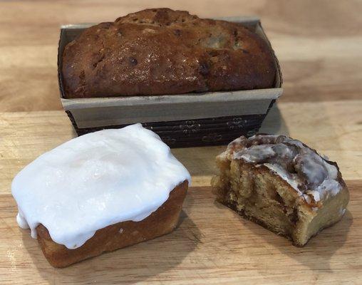 Small banana nut loaf, mini lemon loaf, and a piece of their cinnamon roll (we devoured the rest before we could take a photo!!)