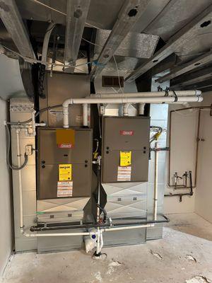 Dual 5-Ton two stage gas valve high efficiency variable speed furnaces installed.