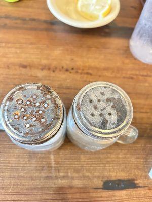 Rusty, nasty salt and pepper shakers. GROSS!