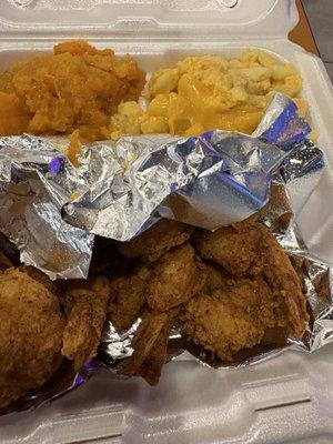Shrimp dinner with Mac and cheese and yams
