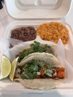 Pollo Taco, Carne Asada Taco, Rice and Beans