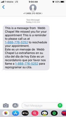 Text telling me I hadn't shown up and my appointment needed to be rescheduled that I received while sitting in lobby