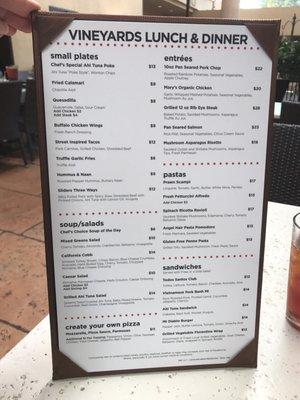 Vineyards lunch and Dinner Menu