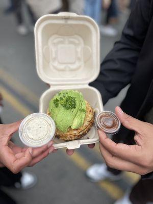 Angus beef and pico de gallo, sliced avacado, hot sauce and garlic mayo