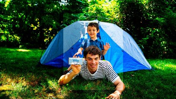 Max & Arlen with Fabric Waterproofer in Tent.