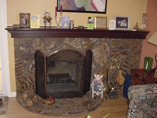 Natural Stone Fireplace and Custom Handmade Mantle addition