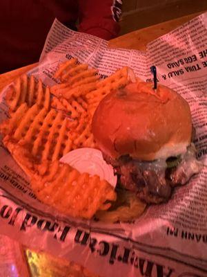 hamburger and seasoned fries