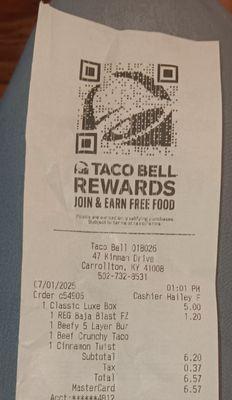 My receipt for my purchases