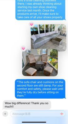 Outdoor cushions cleaned -- guest noticed a big difference.