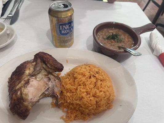 1/4 chicken, hello rice and beans with a classic Peruvian soda, Inca Kola