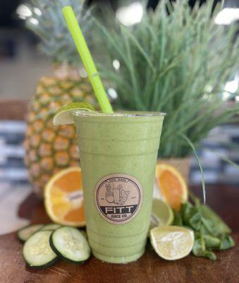 Hydration Station Smoothie- pineapple, cucumber, orange, spinach, banana, coconut water, lime, Himalayan sea salt, vanilla protein