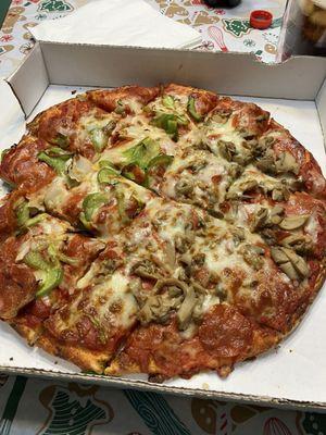 Medium pepperoni pie; 1/2 green peppers and onions, 1/2 mushrooms and extra cheese