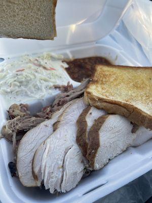 Pick 2 meat (turkey, pulled pork) with coleslaw and baked beans. YUM! Perfectly seasoned