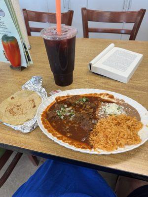 Stewed beef in mild chili grave, rice and beans, with corn tortillas and Jamaica ( hibiscus punch). All for $20.