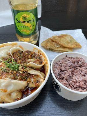 Pork and chives dumplings, scallion pancakes, rice