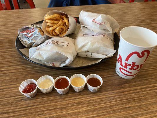 2 for $6 - roast beef sandwich x1, Fish n Cheddar Sandwich x3, Curly Fries (Large)