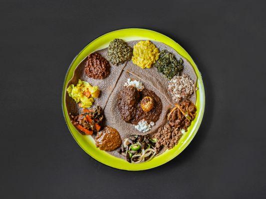 Ghion Special
- Combo of veggie plate, Lamb tibs, Kitfo, Awaze tibs & Doro wot.