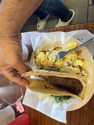 Barbacoa and potato & egg tacos
