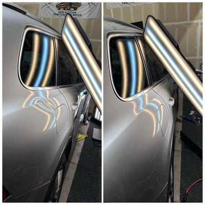 VW Toureg- big smash through a bodyline on the quarter panel restored with "PDR"!