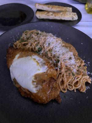 Chicken Parmesan with vodka sauce pasta