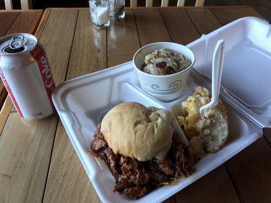 $12 lunch special pulled pork sandwich, potatoes and bread pudding. Comes with a drink.