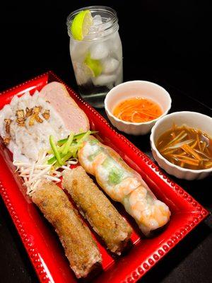 Papa's Plate (combo plate) - 4 banh cuon, 2 egg rolls, 1 spring roll, 1 drink of choice