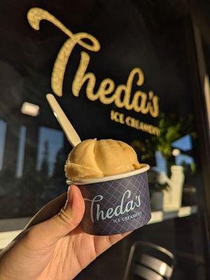 split single scoop on top: farmers market flavor of the week: persimmon bergamot on the bottom: miso caramel cornflake