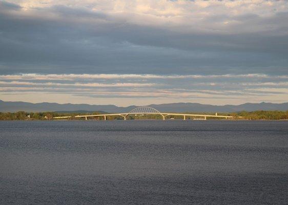 an afternoon view of the Champlain Bridge from the Marina