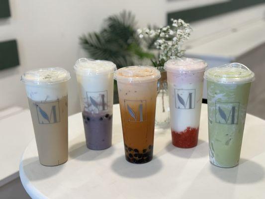Avocado Slush, Pinky Milky, Cheese Foam Osmanthus Oolong Milk Tea, Mashed Taro Milk, and ChaTraMue Thai Tea