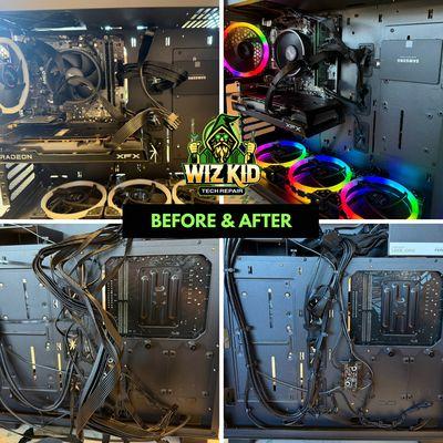 Before and after of a clients computer where we did a professional cleaning and improved the cable management.