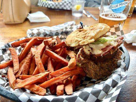 Mad Cow - chicken sandwich with sweet potato fries.