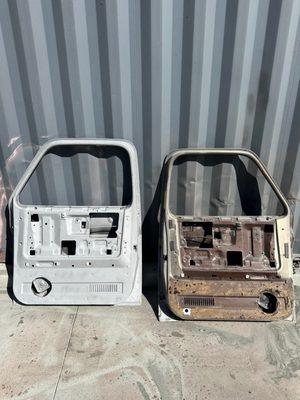 Before and after picture of sandblasting inside of car door.